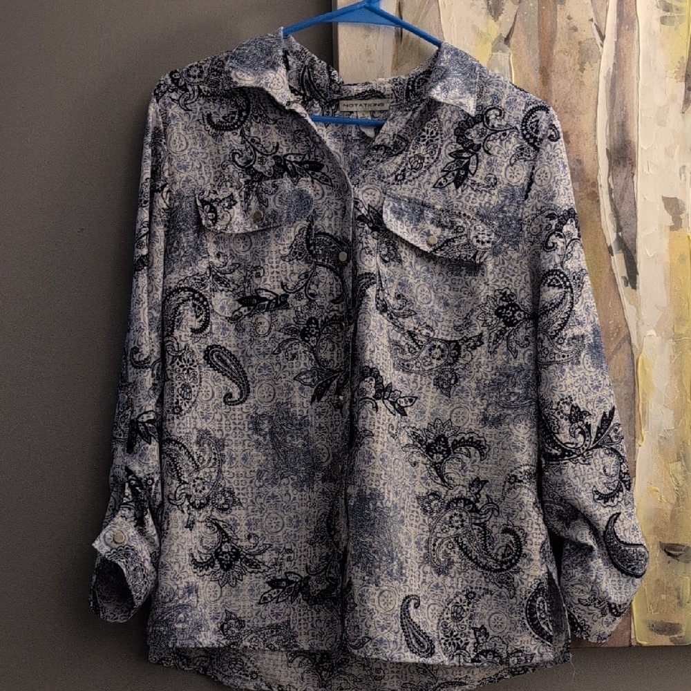 Paisley Print Women's Top - Blue and  White Size Large